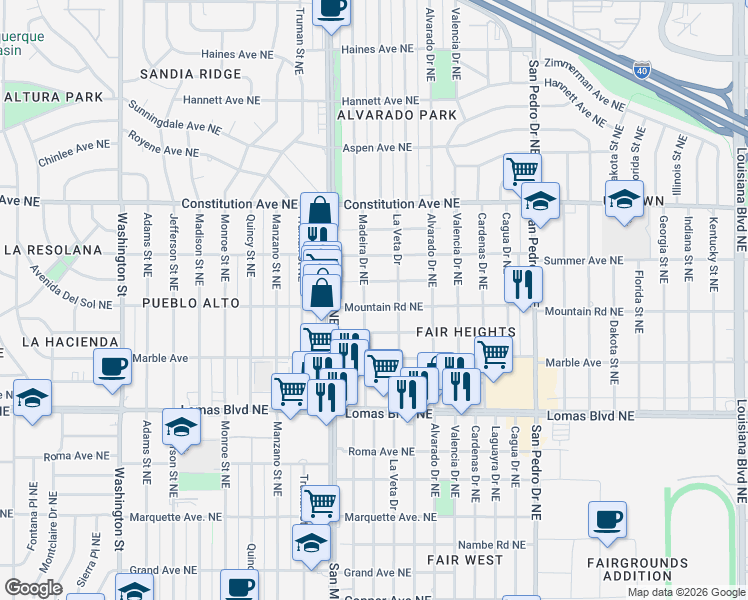 map of restaurants, bars, coffee shops, grocery stores, and more near 5412 Mountain Road Northeast in Albuquerque