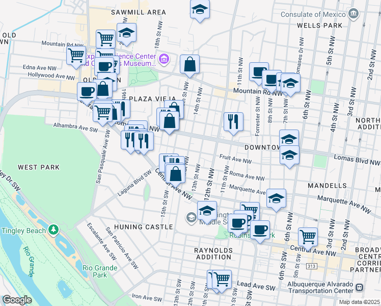 map of restaurants, bars, coffee shops, grocery stores, and more near 314 14th Street Southwest in Albuquerque