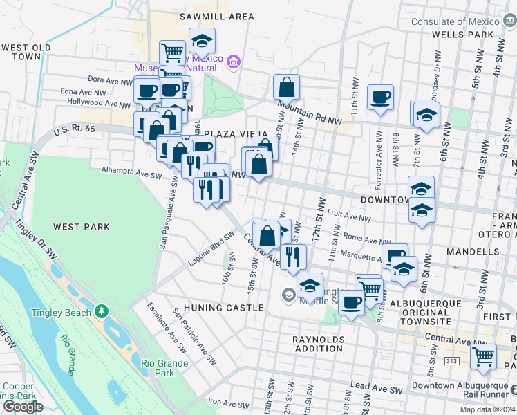 map of restaurants, bars, coffee shops, grocery stores, and more near 313 15th Street Southwest in Albuquerque