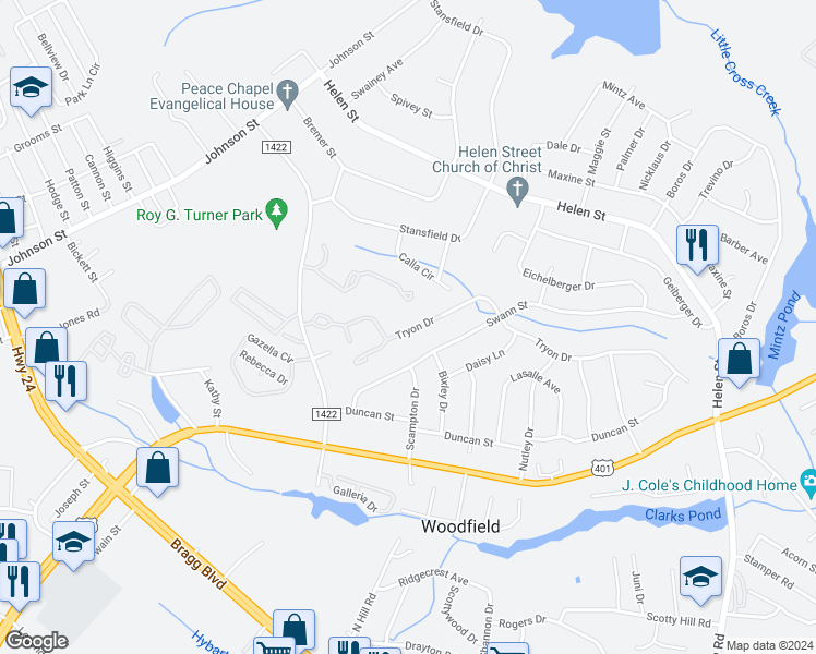 map of restaurants, bars, coffee shops, grocery stores, and more near 1825 Tryon Drive in Fayetteville