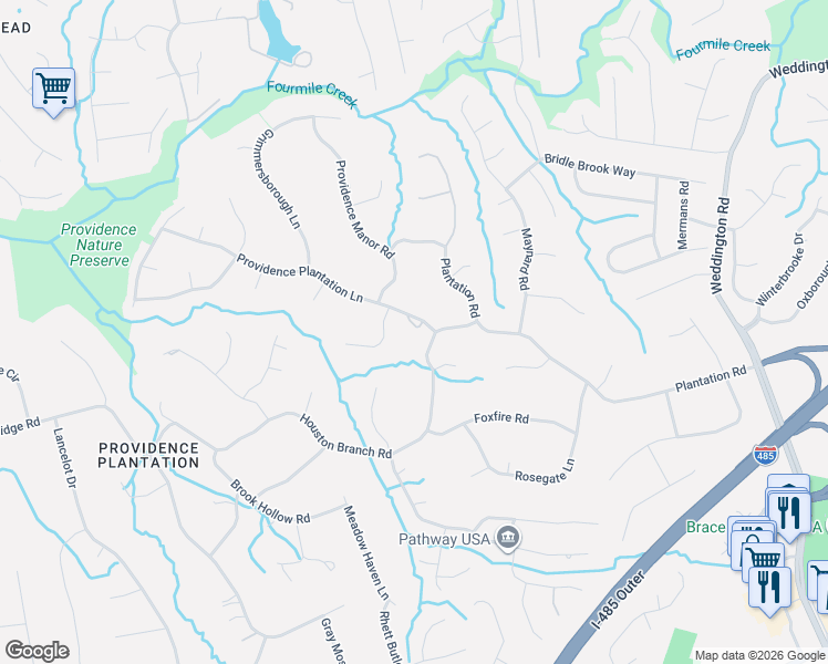 map of restaurants, bars, coffee shops, grocery stores, and more near 2318 Houston Branch Road in Charlotte