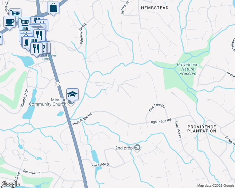 map of restaurants, bars, coffee shops, grocery stores, and more near 8371 Providence Road in Charlotte