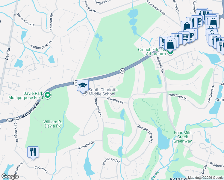 map of restaurants, bars, coffee shops, grocery stores, and more near 8001 Serendipity Lane in Charlotte