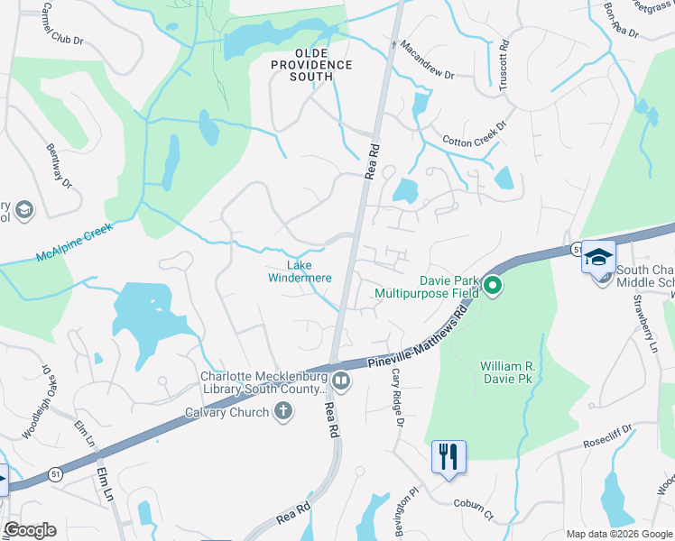 map of restaurants, bars, coffee shops, grocery stores, and more near 5335 Rea Road in Charlotte