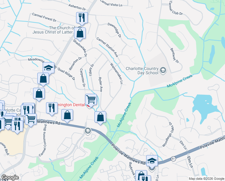 map of restaurants, bars, coffee shops, grocery stores, and more near 6617 Wannamaker Lane in Charlotte