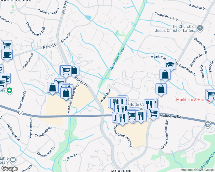 map of restaurants, bars, coffee shops, grocery stores, and more near 7904 Waterford Tide Loop in Charlotte