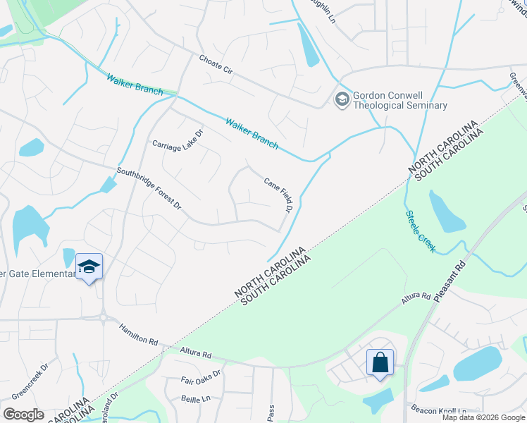map of restaurants, bars, coffee shops, grocery stores, and more near 14405 Southbridge Forest Drive in Charlotte