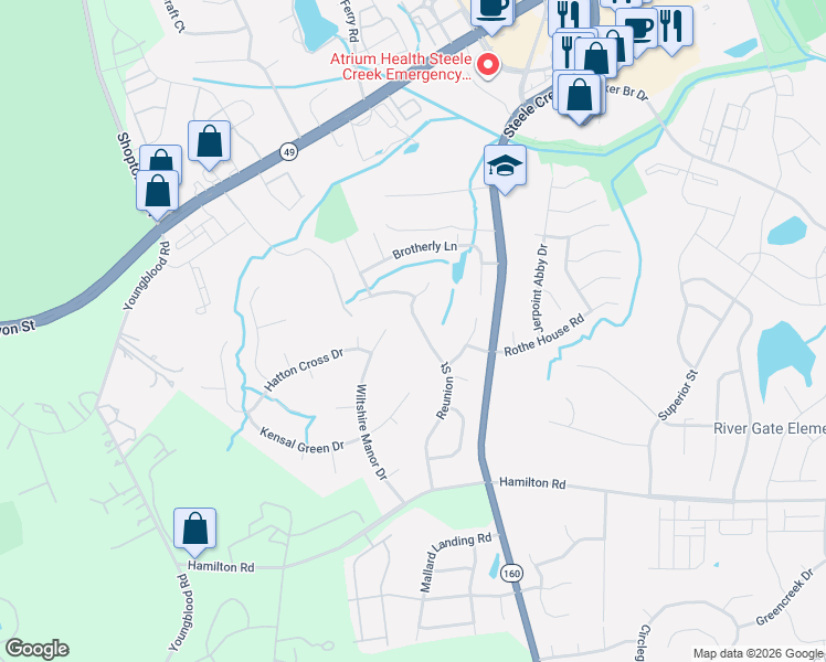 map of restaurants, bars, coffee shops, grocery stores, and more near 13407 Reunion Street in Charlotte