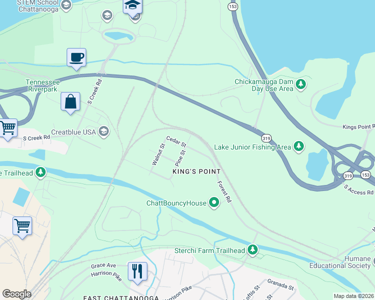 map of restaurants, bars, coffee shops, grocery stores, and more near 4310 Pine Street in Chattanooga