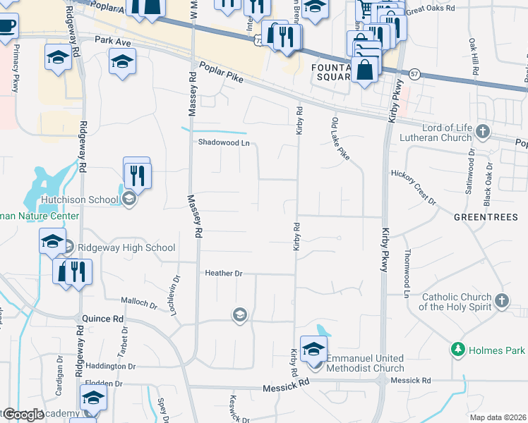 map of restaurants, bars, coffee shops, grocery stores, and more near 6484 Robbins Ridge Lane in Memphis