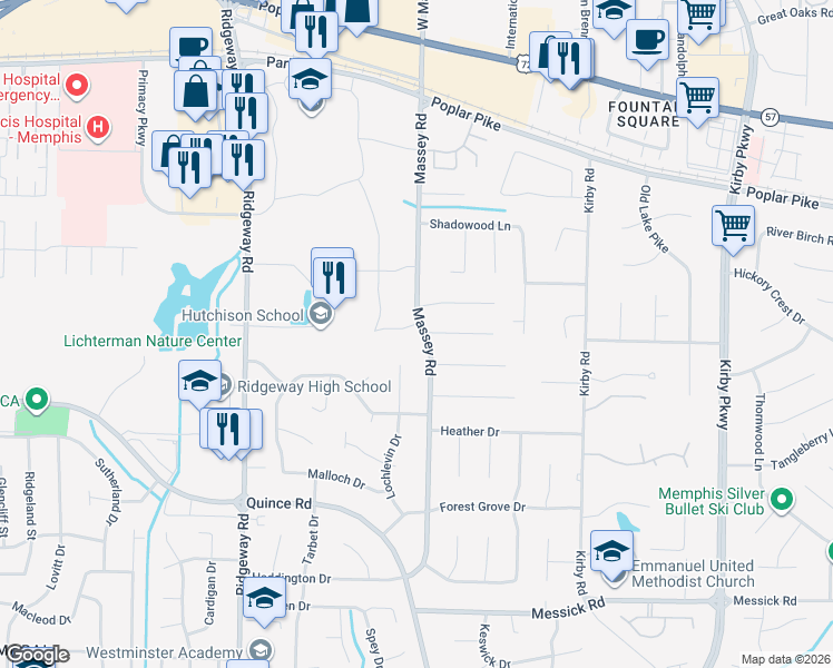 map of restaurants, bars, coffee shops, grocery stores, and more near 6355 Candlewood Cove in Memphis