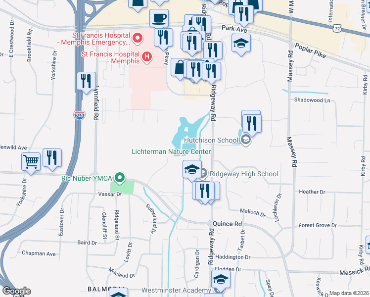 map of restaurants, bars, coffee shops, grocery stores, and more near 1775-1817 Ridgeway Road in Memphis