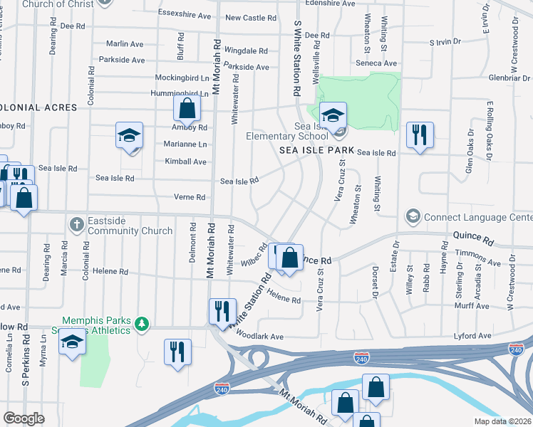 map of restaurants, bars, coffee shops, grocery stores, and more near 1489 Wilbec Road in Memphis