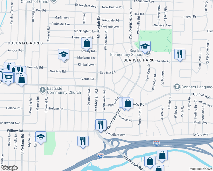 map of restaurants, bars, coffee shops, grocery stores, and more near 1495 Whitewater Road in Memphis