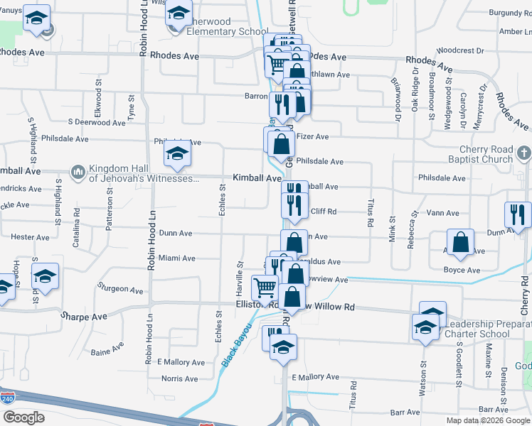 map of restaurants, bars, coffee shops, grocery stores, and more near 3901 Tuggle Road in Memphis