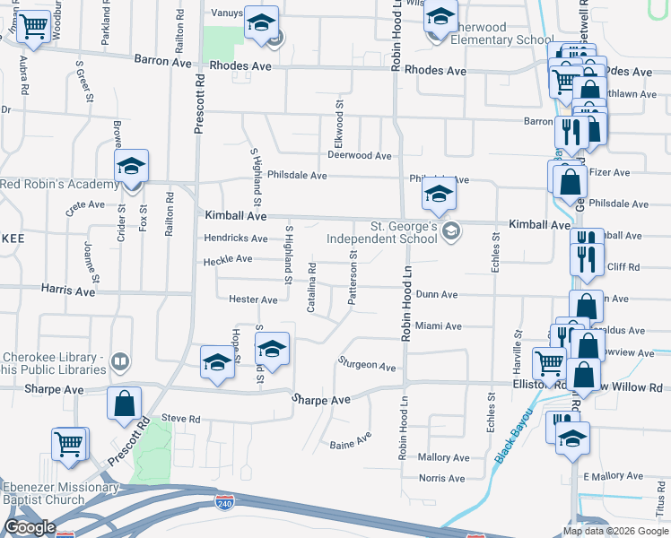 map of restaurants, bars, coffee shops, grocery stores, and more near 3594 Dunn Avenue in Memphis