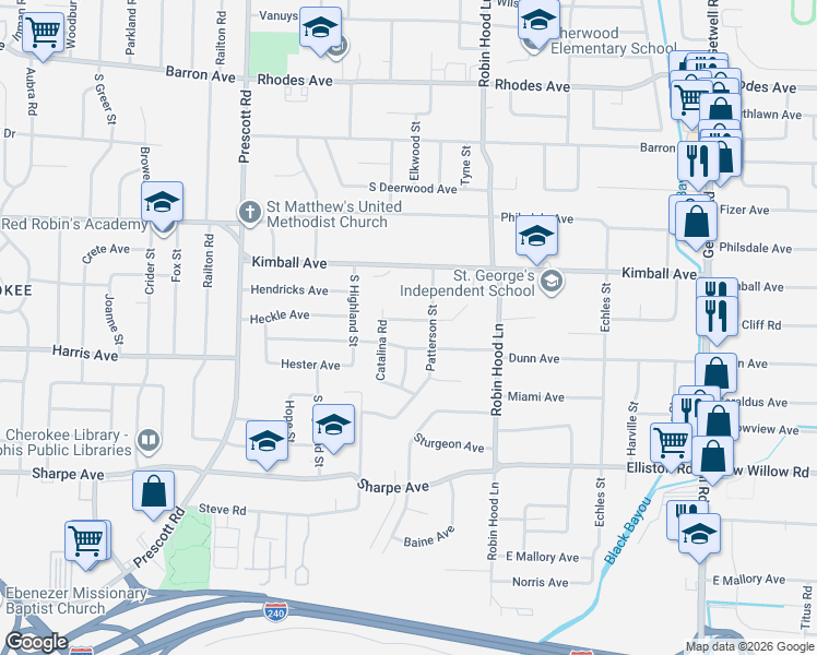 map of restaurants, bars, coffee shops, grocery stores, and more near 3594 Dunn Avenue in Memphis