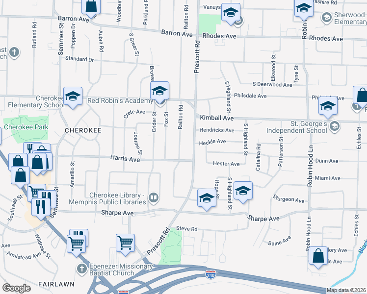 map of restaurants, bars, coffee shops, grocery stores, and more near 1490 Railton Road in Memphis