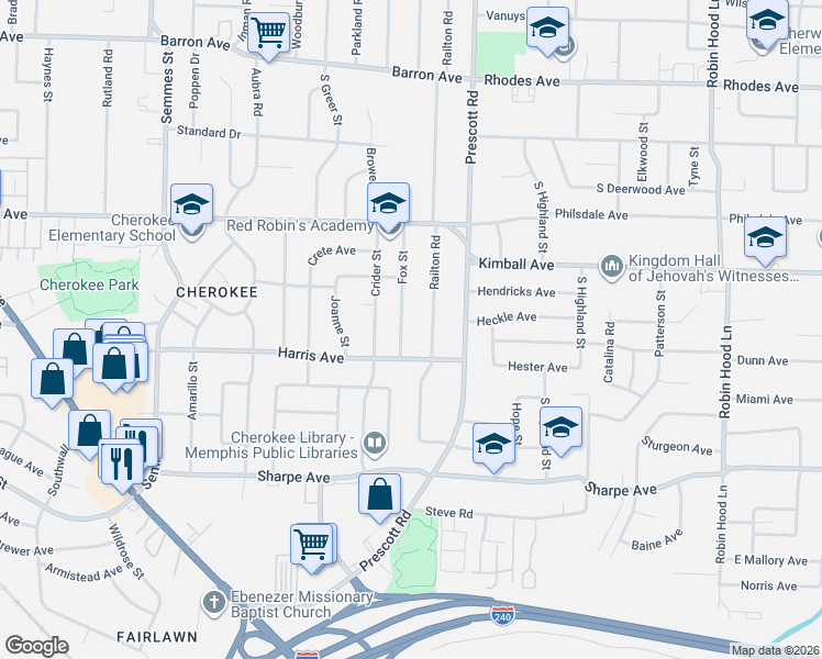 map of restaurants, bars, coffee shops, grocery stores, and more near 1493 Fox Street in Memphis