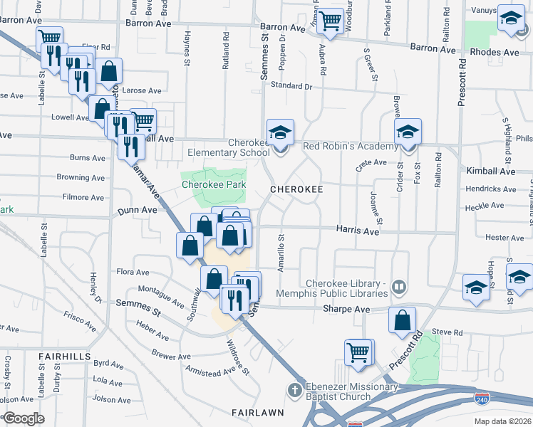 map of restaurants, bars, coffee shops, grocery stores, and more near 1496 Semmes Street in Memphis
