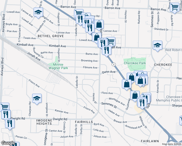 map of restaurants, bars, coffee shops, grocery stores, and more near 2743 Dunn Avenue in Memphis