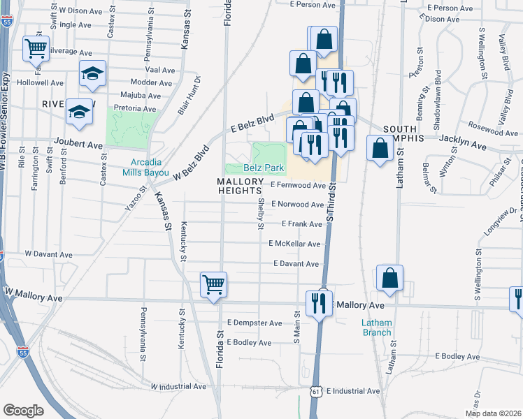 map of restaurants, bars, coffee shops, grocery stores, and more near 89 Mallory Heights Drive in Memphis