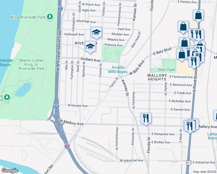 map of restaurants, bars, coffee shops, grocery stores, and more near 196 West Frank Avenue in Memphis