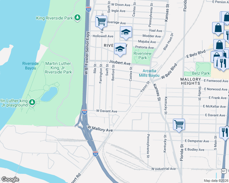 map of restaurants, bars, coffee shops, grocery stores, and more near 276 West Frank Avenue in Memphis