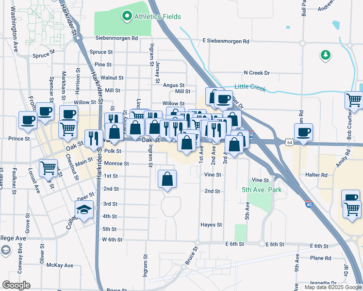 map of restaurants, bars, coffee shops, grocery stores, and more near 311 West Oak Street in Conway