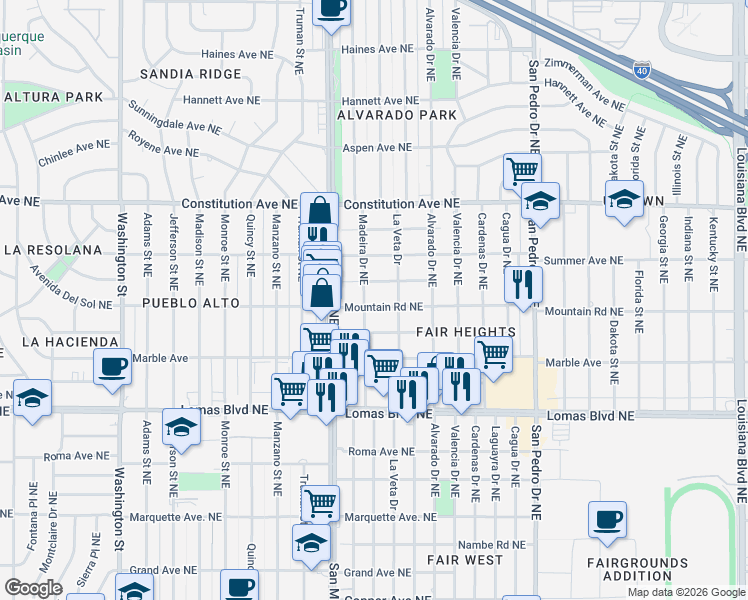 map of restaurants, bars, coffee shops, grocery stores, and more near 5412 Mountain Road Northeast in Albuquerque