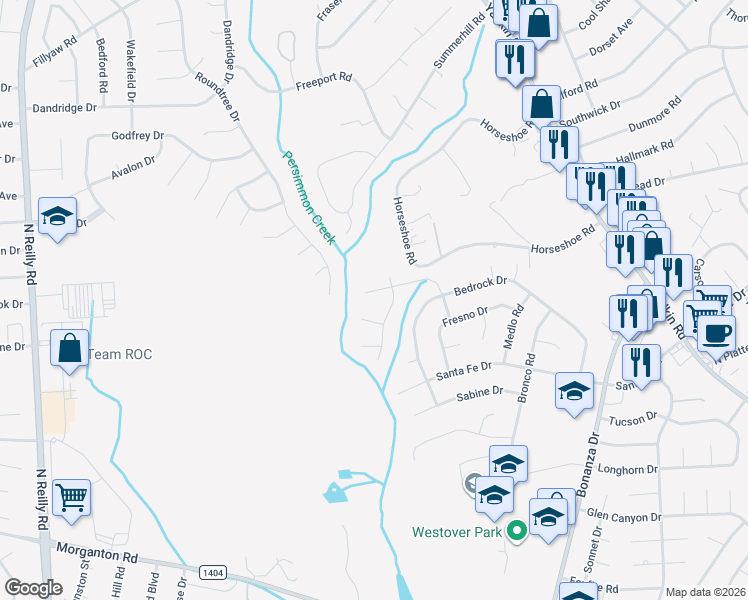 map of restaurants, bars, coffee shops, grocery stores, and more near 839 Abilene Road in Fayetteville