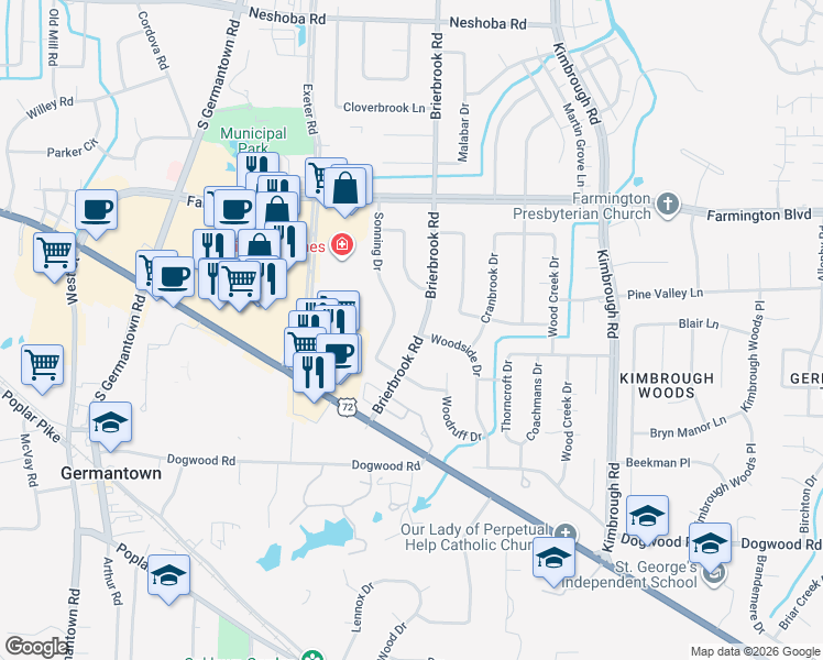 map of restaurants, bars, coffee shops, grocery stores, and more near 2122 Sonning Drive in Germantown