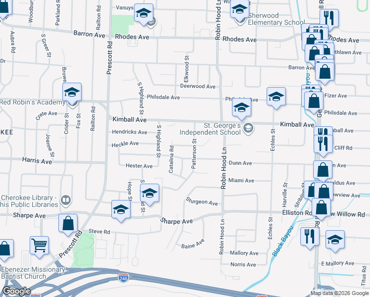 map of restaurants, bars, coffee shops, grocery stores, and more near 3594 Dunn Avenue in Memphis