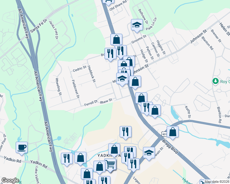 map of restaurants, bars, coffee shops, grocery stores, and more near 201 Gertrude Street in Fayetteville