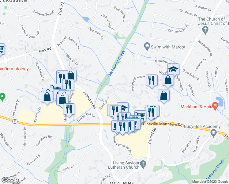 map of restaurants, bars, coffee shops, grocery stores, and more near 7904 Waterford Tide Loop in Charlotte