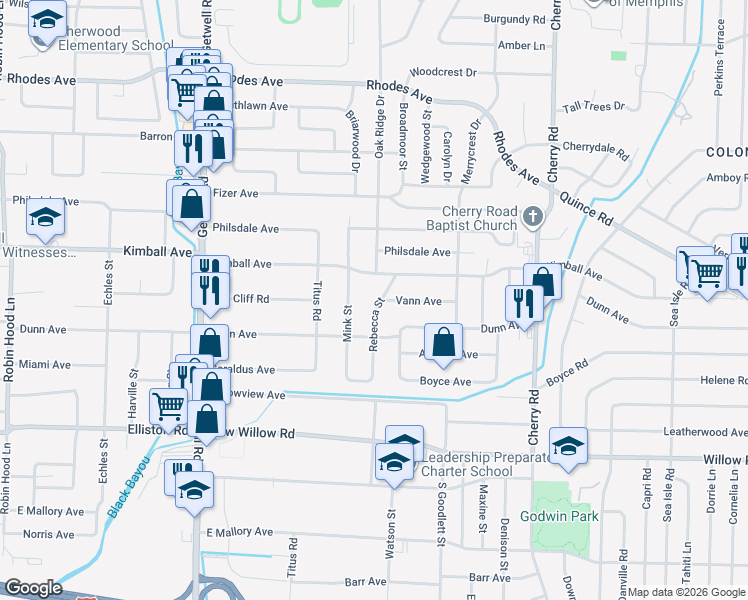 map of restaurants, bars, coffee shops, grocery stores, and more near 1504 Rebecca Street in Memphis