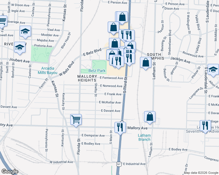 map of restaurants, bars, coffee shops, grocery stores, and more near 130 East Frank Avenue in Memphis