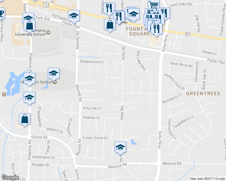 map of restaurants, bars, coffee shops, grocery stores, and more near 6484 Robbins Ridge Lane in Memphis