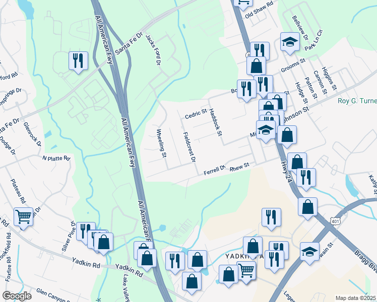 map of restaurants, bars, coffee shops, grocery stores, and more near 4933 Fieldcrest Drive in Fayetteville