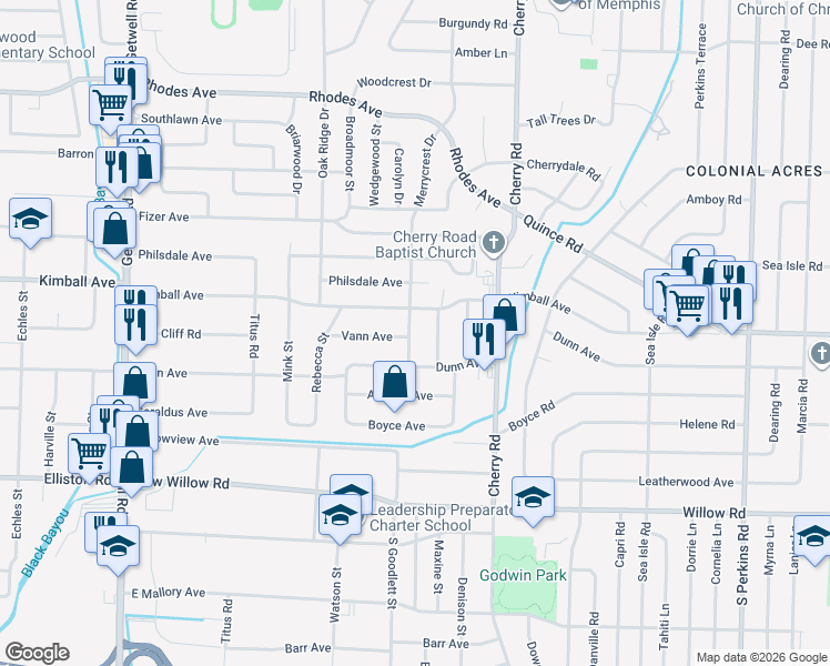 map of restaurants, bars, coffee shops, grocery stores, and more near 1484 Merrycrest Drive in Memphis