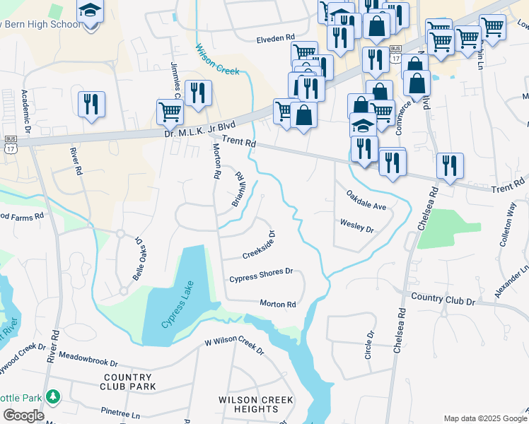 map of restaurants, bars, coffee shops, grocery stores, and more near 4801 Creekside Drive in New Bern