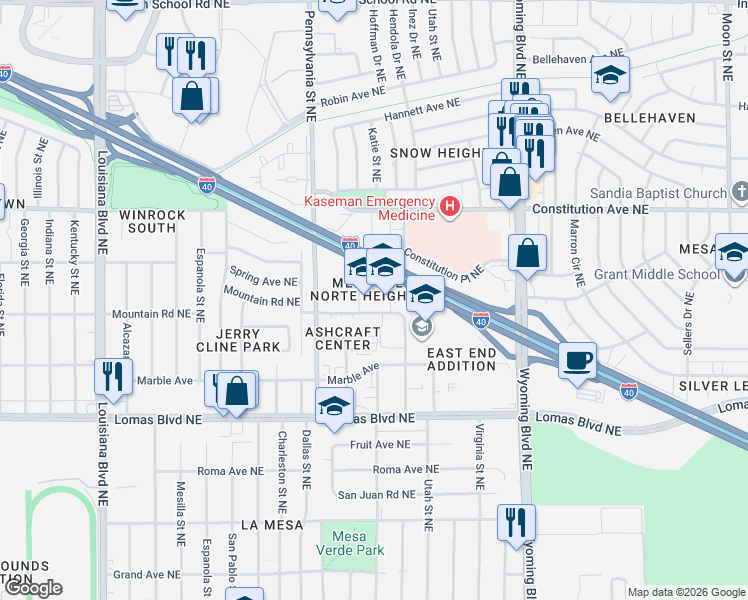 map of restaurants, bars, coffee shops, grocery stores, and more near 8100 Mountain Road Place Northeast in Albuquerque