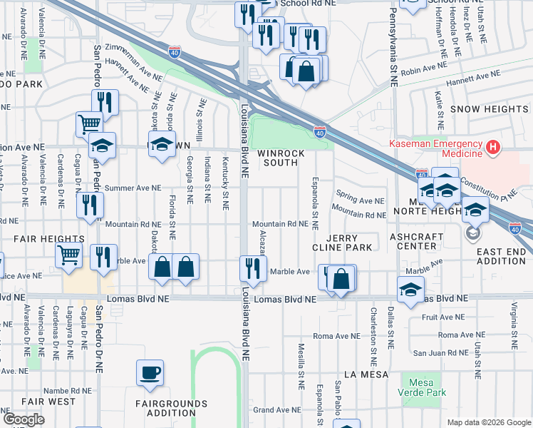 map of restaurants, bars, coffee shops, grocery stores, and more near 7201 Mountain Road Northeast in Albuquerque