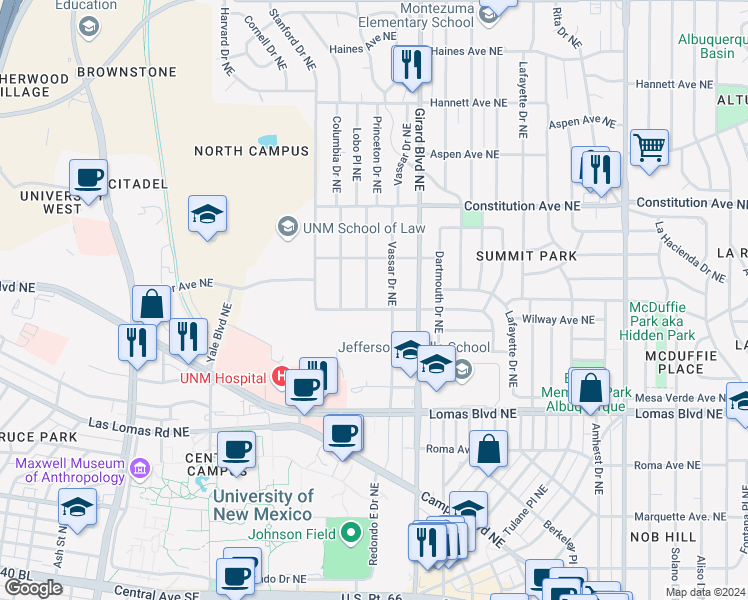 map of restaurants, bars, coffee shops, grocery stores, and more near 1001 Princeton Drive Northeast in Albuquerque