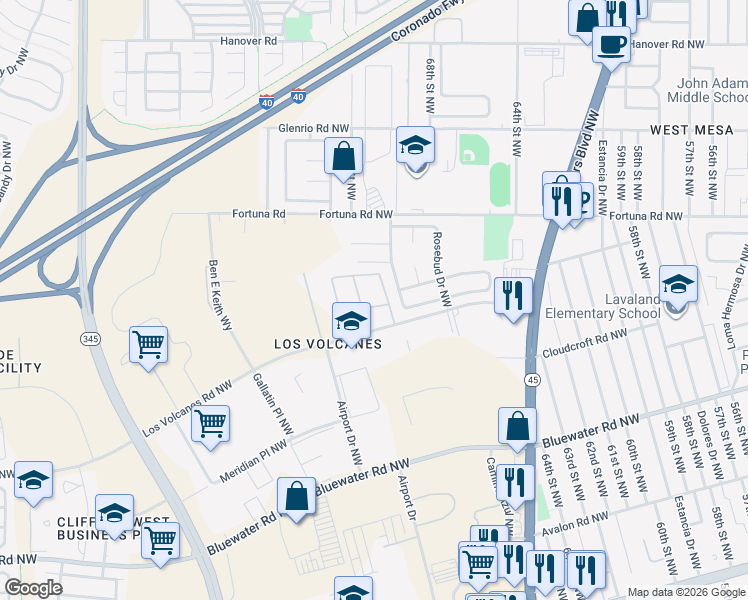 map of restaurants, bars, coffee shops, grocery stores, and more near 6801-6901 Los Volcanes Road Northwest in Albuquerque