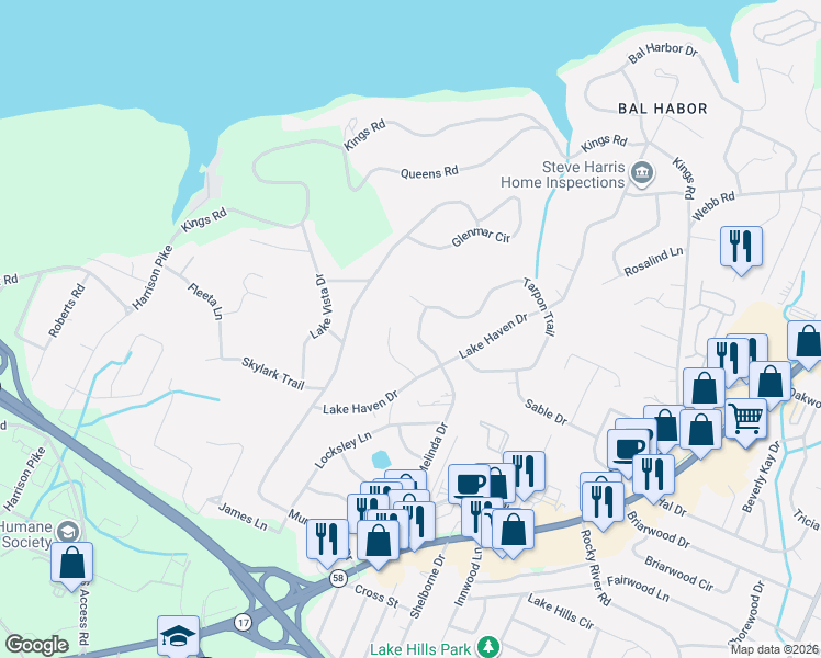 map of restaurants, bars, coffee shops, grocery stores, and more near 4208 Lake Haven Lane in Chattanooga