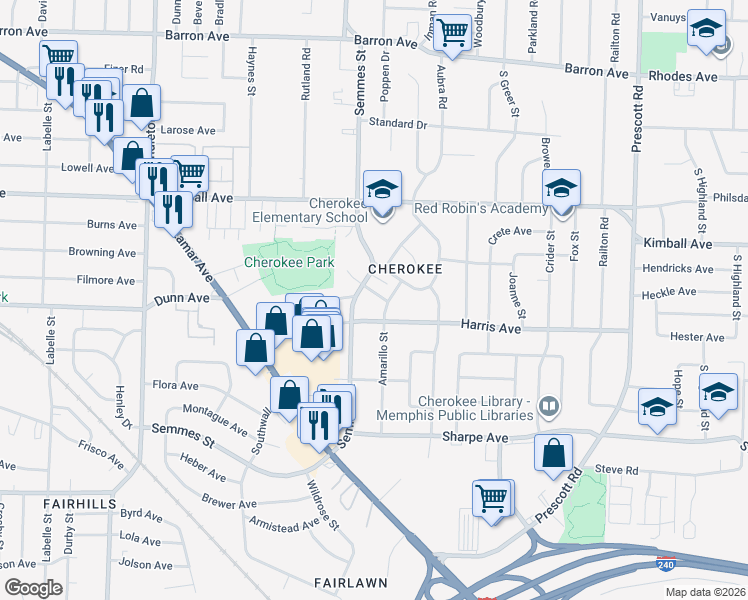 map of restaurants, bars, coffee shops, grocery stores, and more near 1496 Semmes Street in Memphis