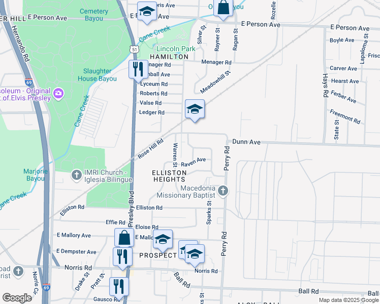 map of restaurants, bars, coffee shops, grocery stores, and more near 1991 Silver Street in Memphis