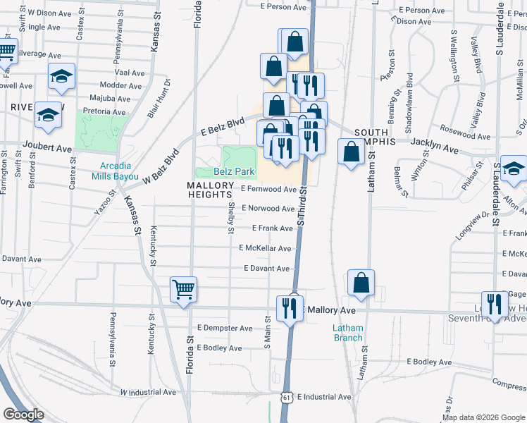 map of restaurants, bars, coffee shops, grocery stores, and more near 130 East Frank Avenue in Memphis