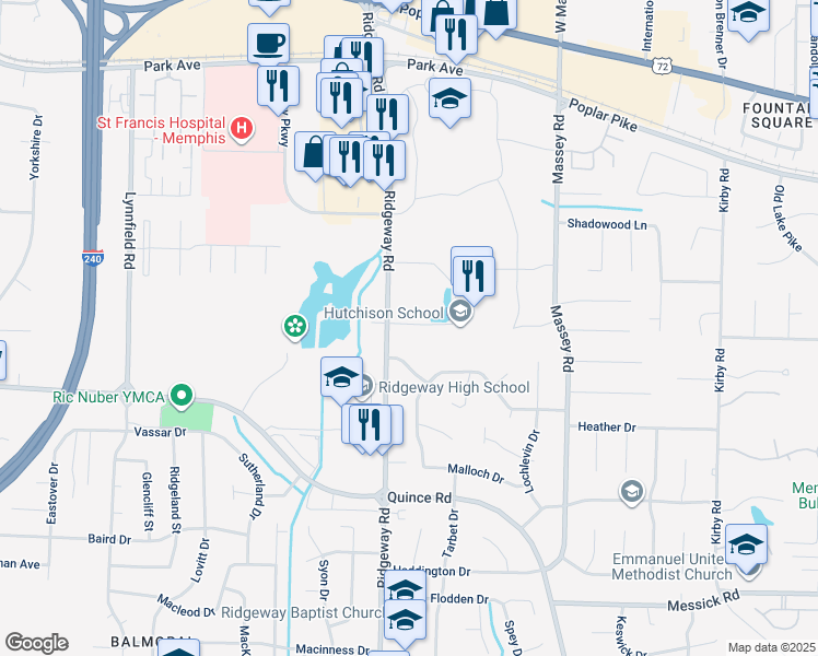 map of restaurants, bars, coffee shops, grocery stores, and more near 1740 Ridgeway Road in Memphis